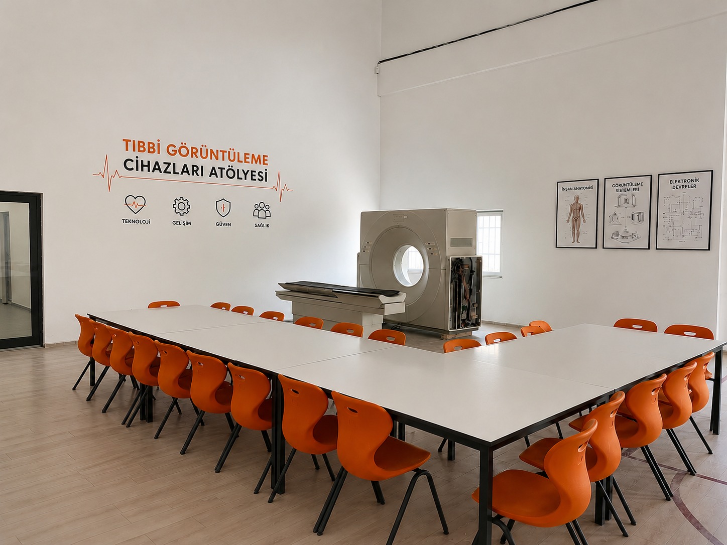 Tıbbi görüntüleme cihazları atölyesinde tomografi cihazı ve uygulama masaları