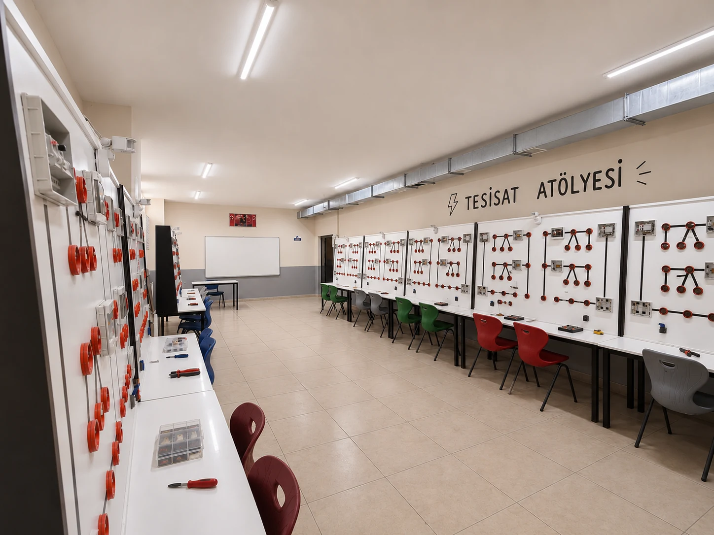Elektrik tesisat atölyesinde bağlantı panoları ve çalışma istasyonları