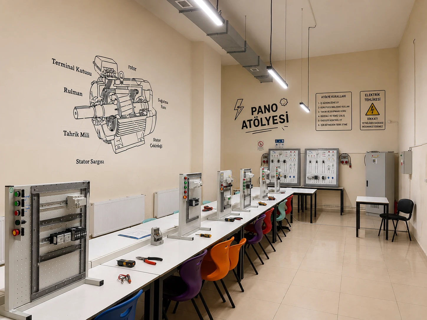 Pano atölyesinde kumanda elemanları ve eğitim panoları