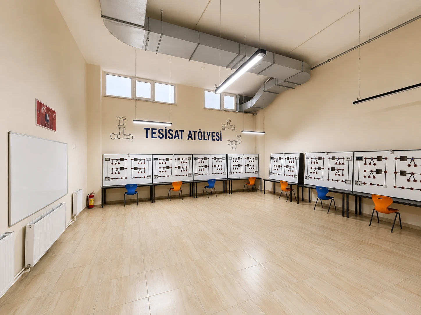 Tesisat atölyesinde elektrik devre eğitim panoları ve çalışma alanları