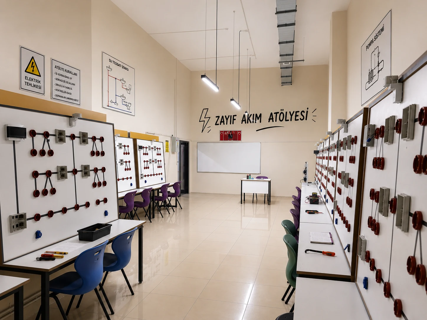 Zayıf akım atölyesinde elektrik eğitim panoları ve ölçüm masaları
